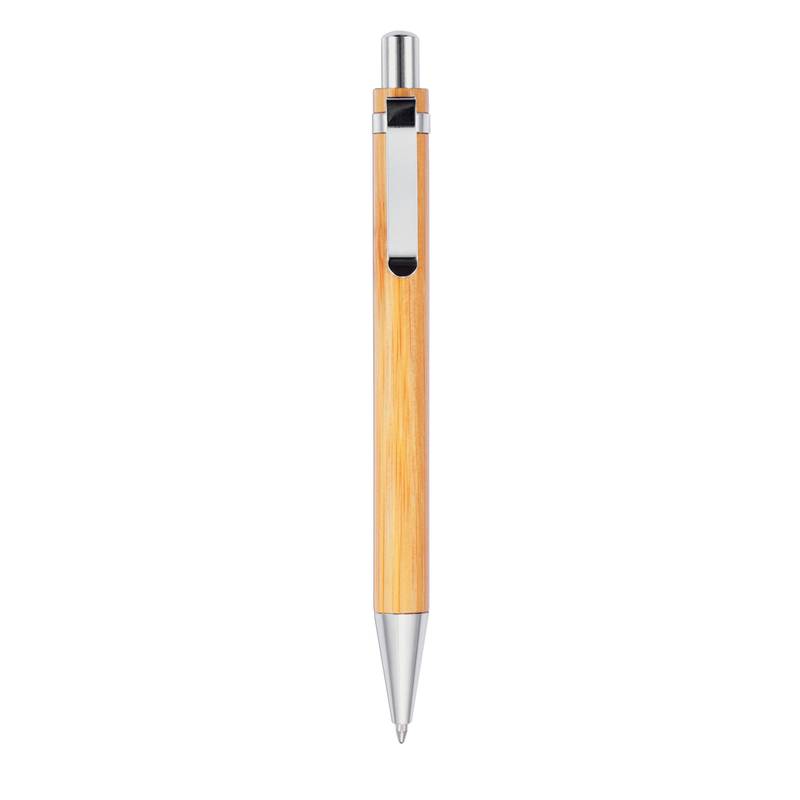 Bambusové kuličkové pero s kovovým doplňky, černá náplň, stříbrná